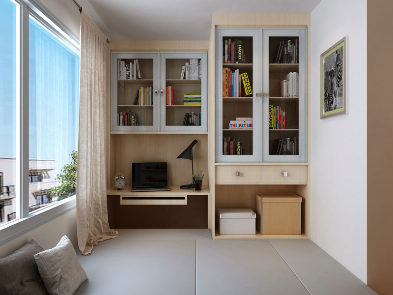 这样不仅能节省空间,还能储物,于榻榻米的周围延伸出书柜,书桌,储物柜